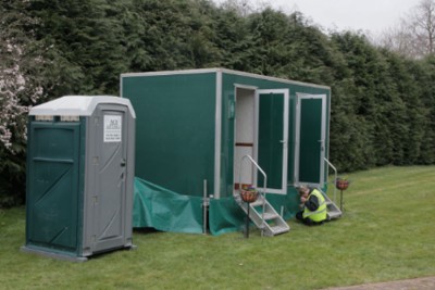 Portal and a loo cabin.